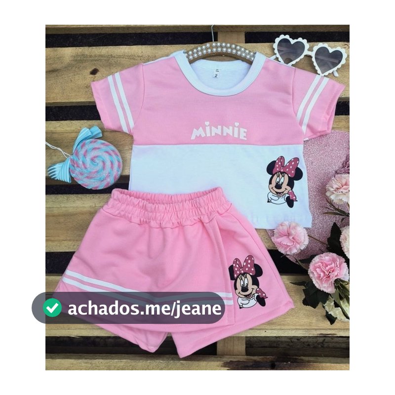 Conjunto infantil minnie menina blusa e short saia rosa bb verão 2026