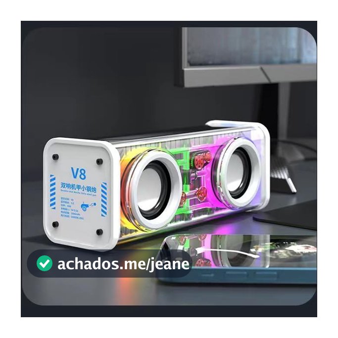 Caixa de Som Bluetooth Mecânica Transparente V8 com Duplo Bass, Caixa de Som de Mesa Sem Fio