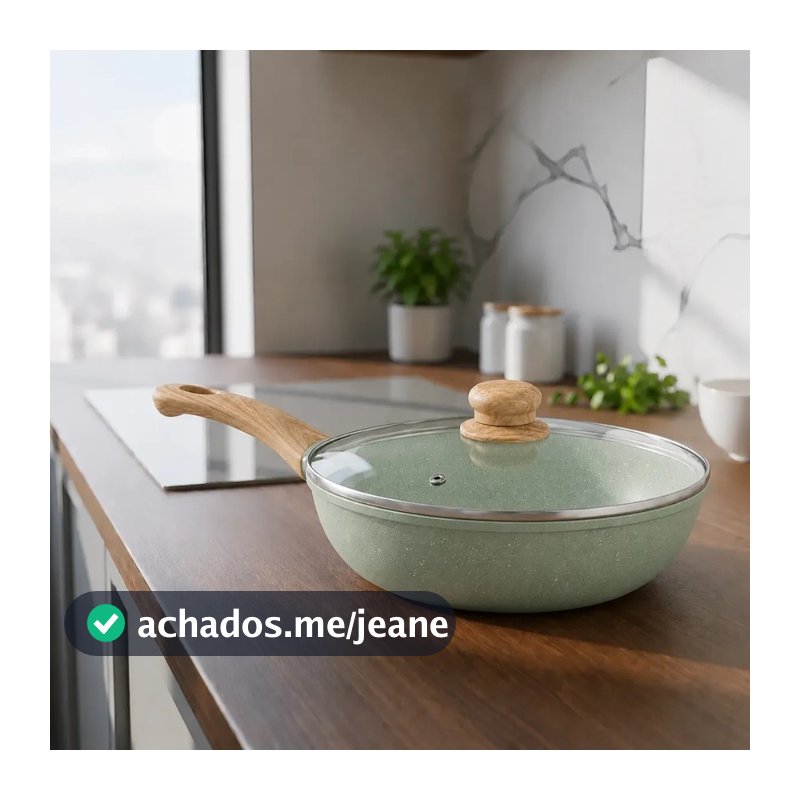 Frigideira Panela Wok 28cm Funda 4,3 Litros Revestimento Cerâmica Antiaderente  Tampa de Vidro