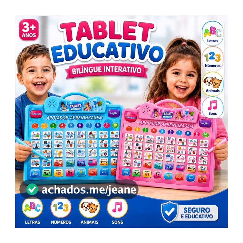 Tablet Infantil Educativo Bilíngue Português e inglês | Aprender Letras, Números, Palavras e Música