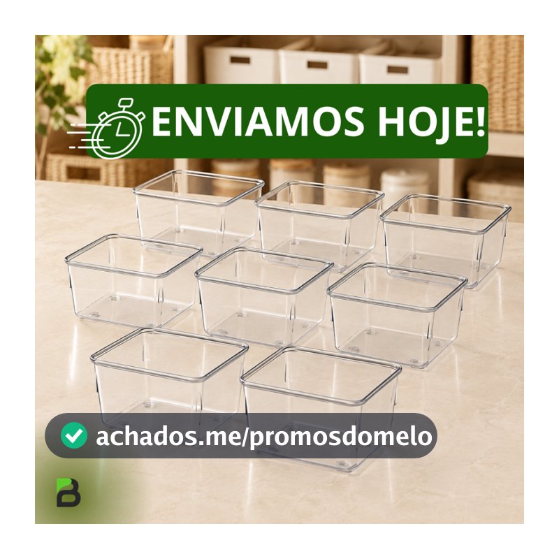 Kit 8 Organizadores Pote Acrílico Transparente Quadrado Caixa Geladeira Gaveta Maquiagem Acrimet 970