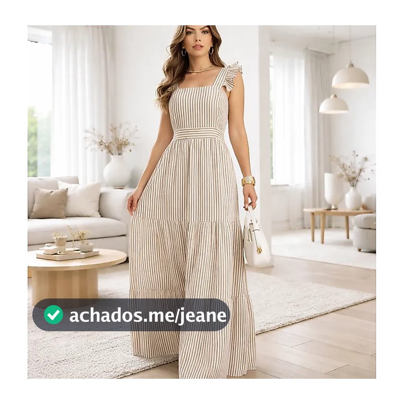 Vestido Longo Elegante De Duna Alças Babado Listrado Moda