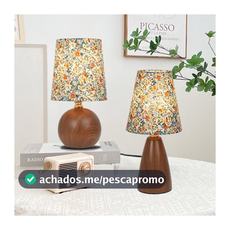 Abajur Luminária De Mesa Nogueira Floral Estilo Madeira Cabeceira Quarto Sala Estudo Leitura