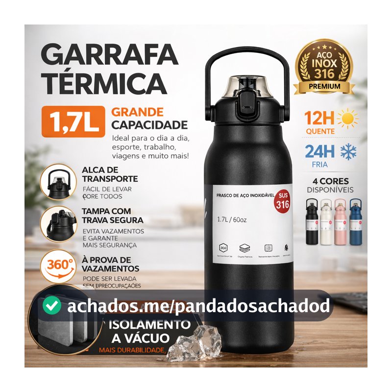 Garrafa 1700, 900ml Térmica Prática Versátil Aço Inoxidável Com Alça Transporte Fácil Confortável