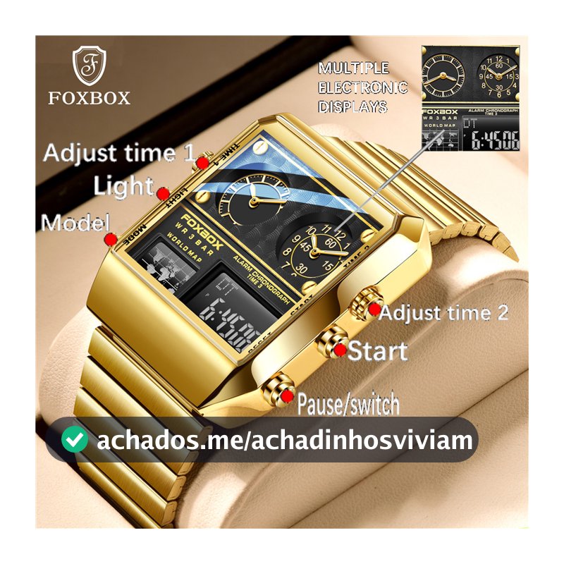 Foxbox Relógio digital masculino Marca Masculino Ouro Inoxidável Relógio À Prova D 'Água Relógio Masculino Dual Display