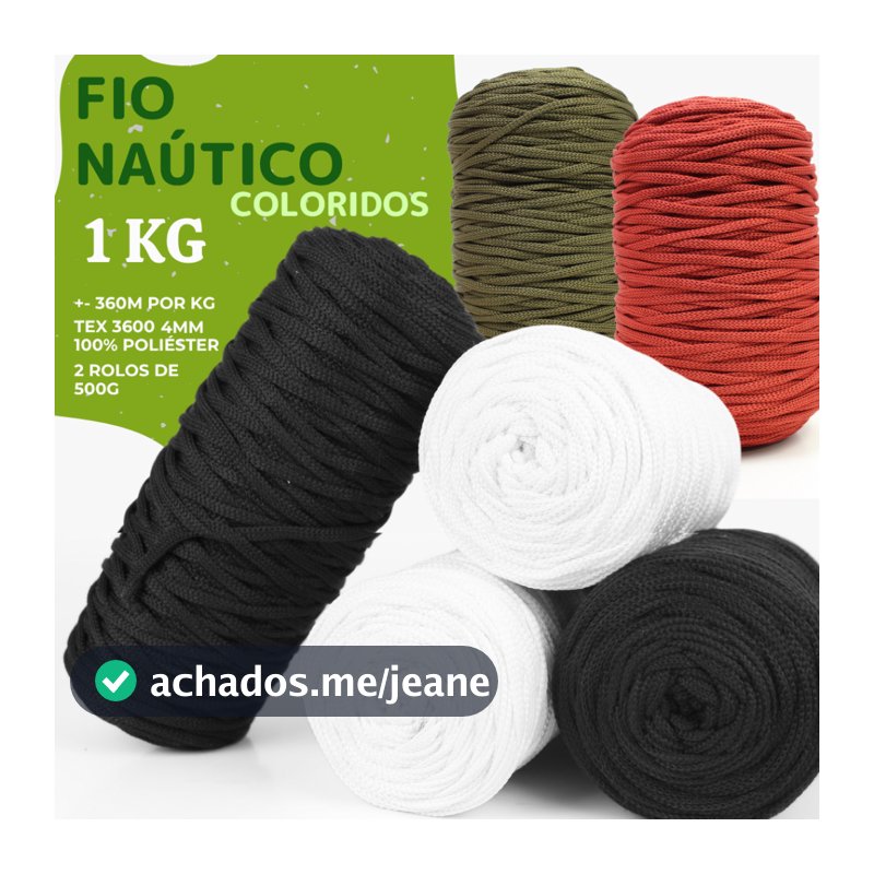 FIO Náutico 4mm 1kg coloridos, 360m de Cordão para Crochê e Tricô - 100% poliéster