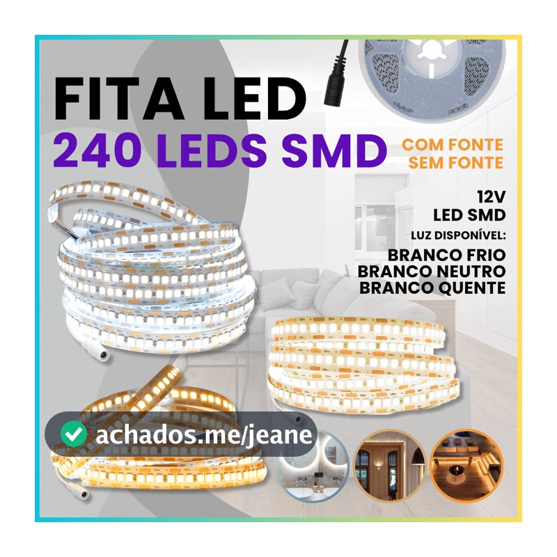 Fita Led 240led Por Metro 12v 3528 Para Perfil 5 Metros Luz Forte Sanca Gesso