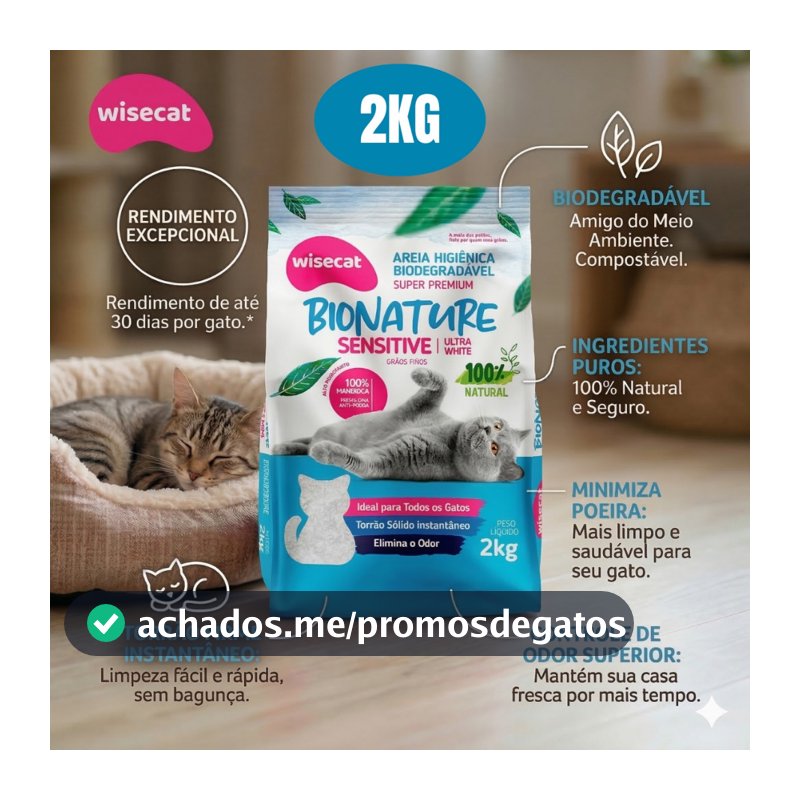Areia Biodegradável Bionature Wisecat 2kg - Super Premium Sensitive Grãos Finos