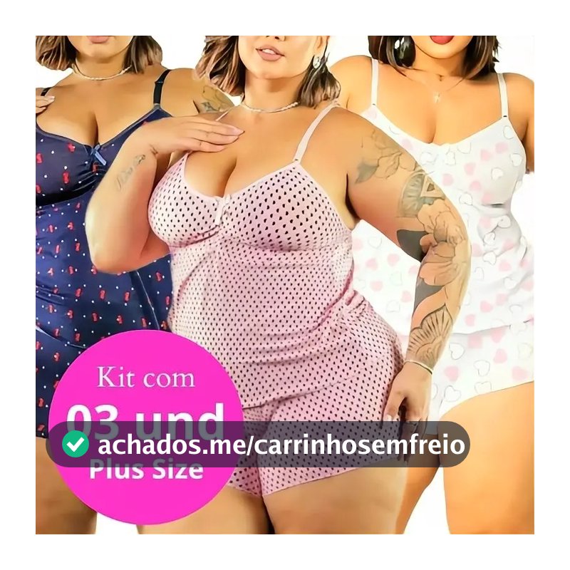Kit 3 Pijama Plus Size G1 ao G3 Verão Feminino Malha Fria Confortável Short Doll Em Microfibra