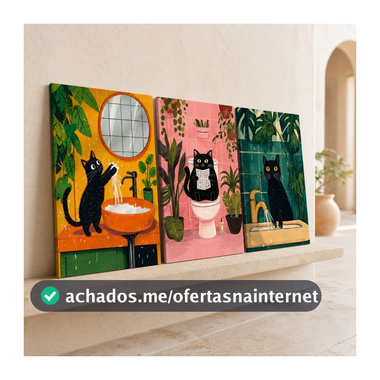 Kit de Quadros Decorativos Gato Divertido - Kit 3 Peças em Vinil MDF para Sala, Banheiro ou Escritório