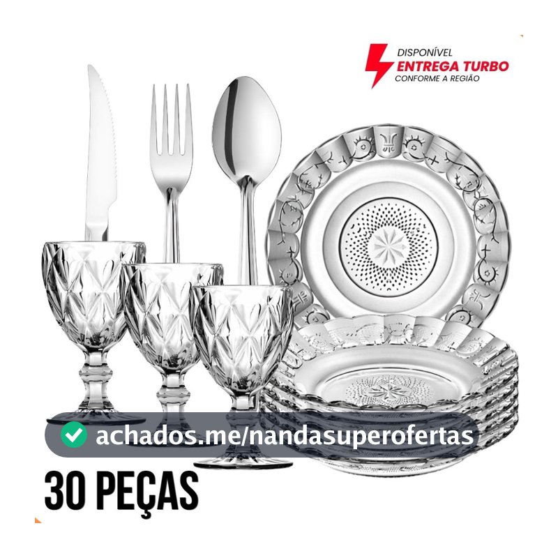 Jogo Mesa Posta 30 Peças 6 Pratos  + 6 Taças 340ml + 18 Talheres Inox Luxo Elegante Mesa Posta Completa