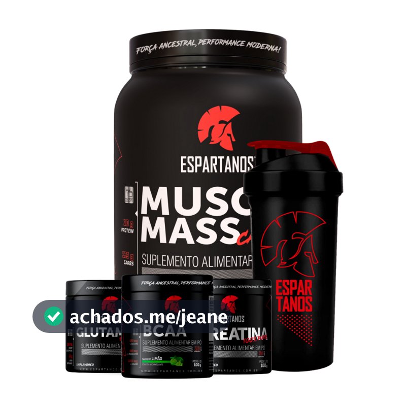 Kit Suplemento Hipercalórico Muscle Mass + Bcaa + Creatina + Glutamina + Shaker - Espartanos