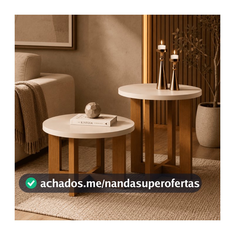 Conjunto com 1 Mesa Lateral e 1 Mesa De Centro Redonda Madeira Estilo Retrô Sala De Estar Decoração