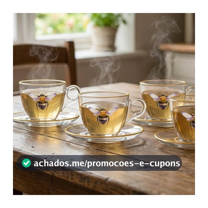 Jogo de 4 Xícaras com Pires de Vidro para Chá e Café Borda Dourada HoneyBee 170ml Hauskraft