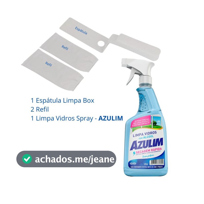 Limpador de Transpasse Espátula + 1 Refil Limpador Box Vidro Janela e Portas de Correr + 1 Limpa Vidros Spray Azulim