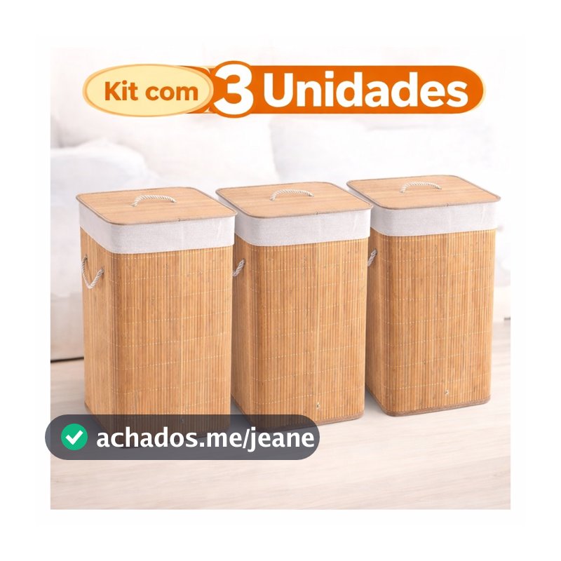 Kit 3 Cesto De Roupa Suja De Bambu Bege Dobrável Com Alças Malular 70L