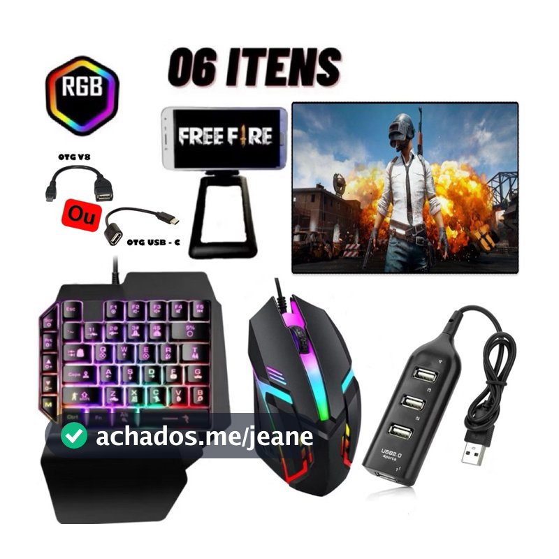 Kit Mobilador Gamer Completo Celular Android Teclado Mouse OTG Hub Tripé