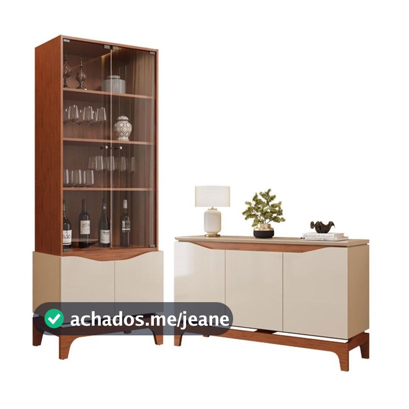 Cristaleira com Buffet Jolie 5 Portas 5 Prateleiras MDF-MDP Vidro Temperado Freijó Off White DJ