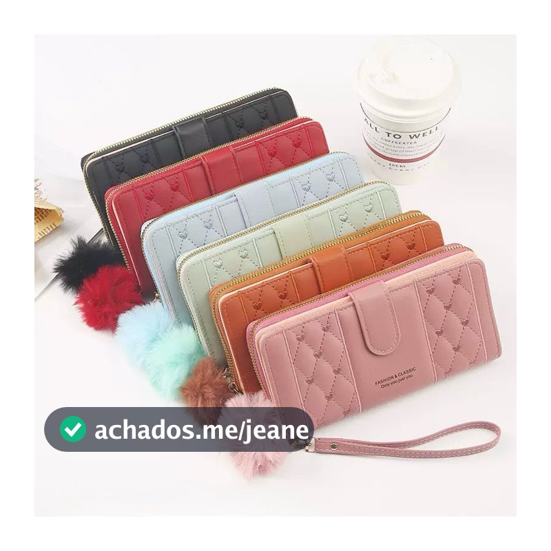 Carteira Grande Feminina Carteiras Documentos Cabe Cartão RG com Pompom