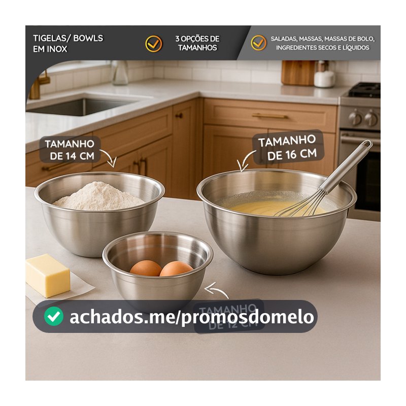 Bowls de Aço Inox com Marcação 12/14/16 cm Profissional e Uso Doméstico 3 Tamanhos Alta Durabilidade