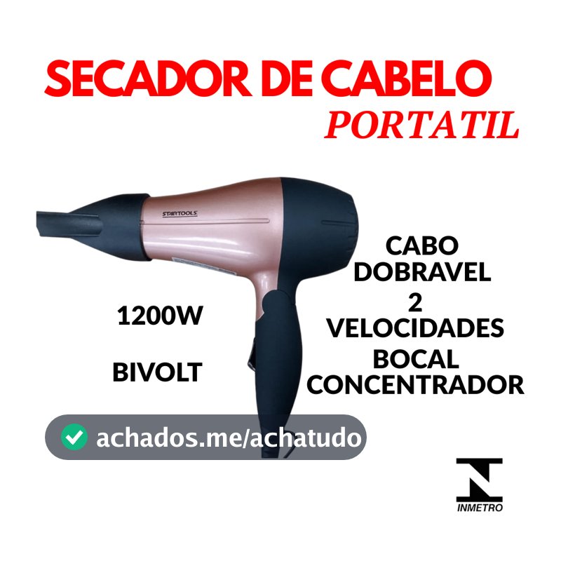 Secador De Cabelo Dobrável 1200W Bivolt Alça Bocal Dois Níveis de Temperatura