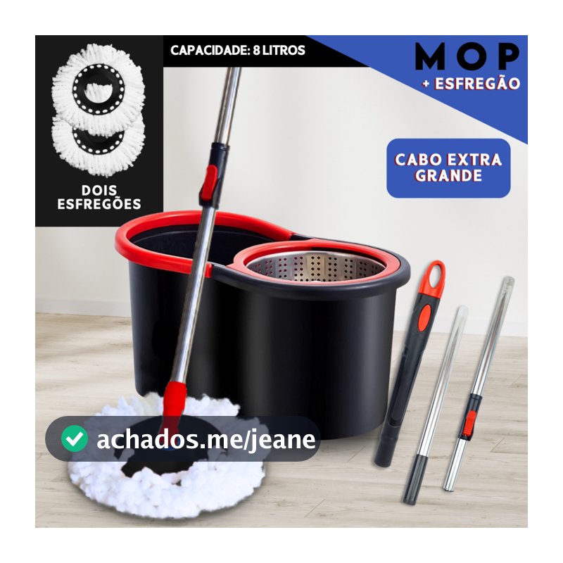 Mop C/ Cabo de 140 cm + 2 Refis - 8 Litros Cesto Em Inox - Balde Centrífuga - Mazzal