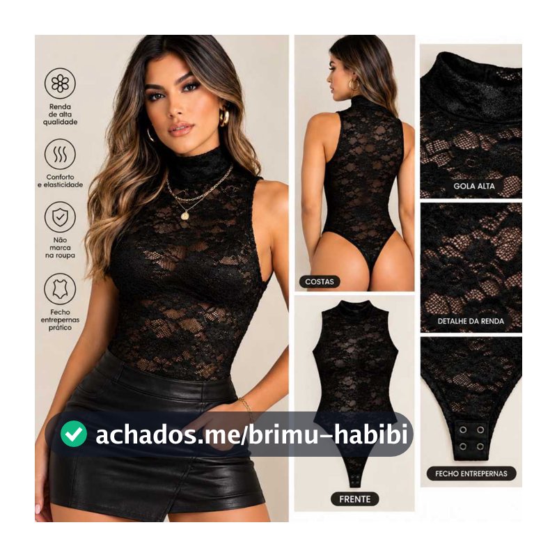 Body Renda Floral feminino Elegante Sem Manga Gola Alta