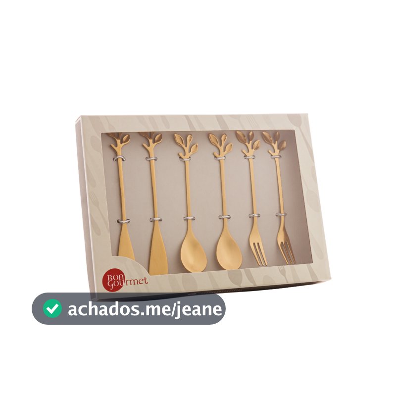 kIT 6 Talheres Colheres Leaves Folhas Aço Inox Wolff Dourado Colher Garfo e Espátulas