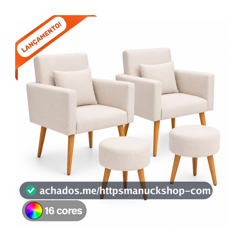 Conjunto 02 Poltronas Decorativas para Sala Nina com Almofadas e 02 Puff Redondo Suede Aninha Decor