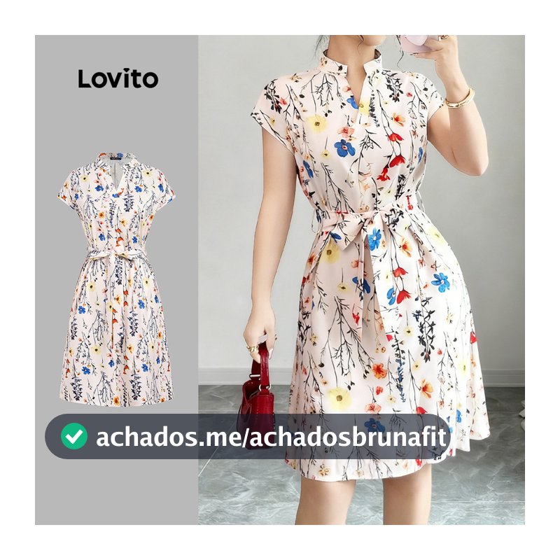 Lovito Floral Férias Vestido Gola Padre De Primavera/verão Com Amarração Dia a Dia Escola Encontros Para Mulheres Bordado L164LD136