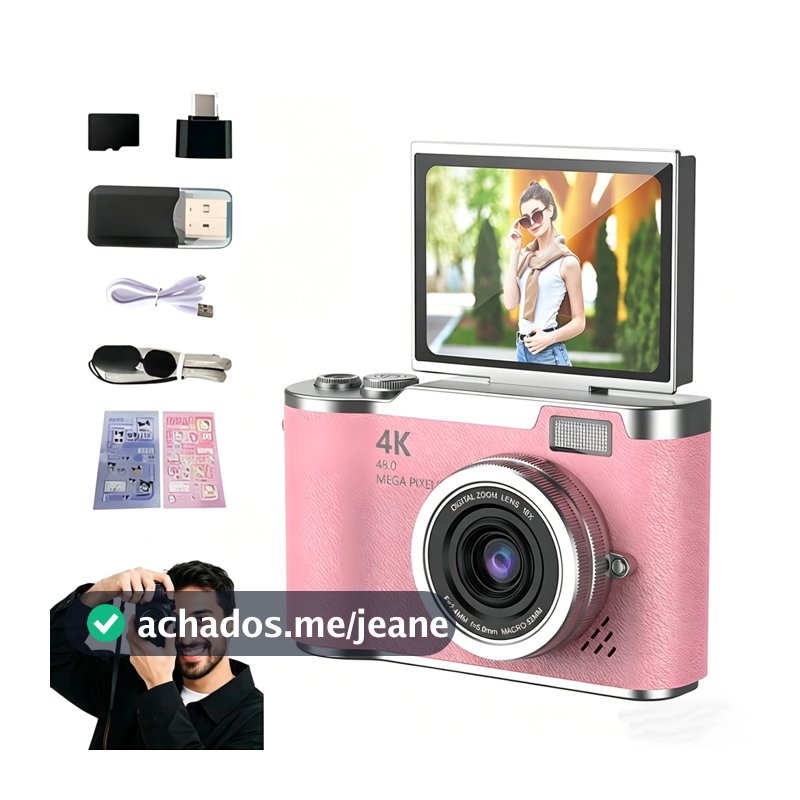 Câmera digital com zoom 4K CCD 8x, adequada para fotografia estudantil, compacta de 48MP, tela flip selfie de 180°