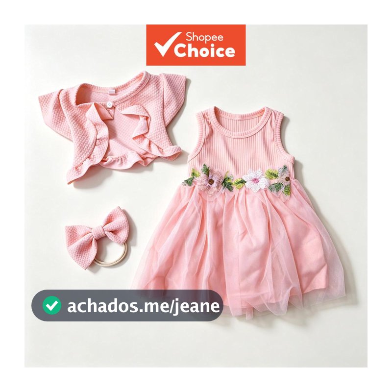 Bebê Menina Rosa Flor Bordado 3 Peças Vestido Conjunto Tule Cardigan Acessório De Cabelo 1o Aniversário Roupa De Princes