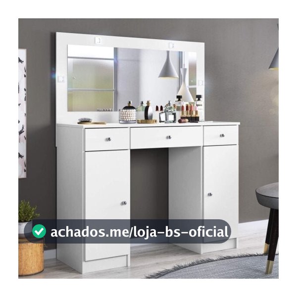 Penteadeira Camarim com Espelho e LED 3 Gavetas 2 Portas Carisma Branco Branco