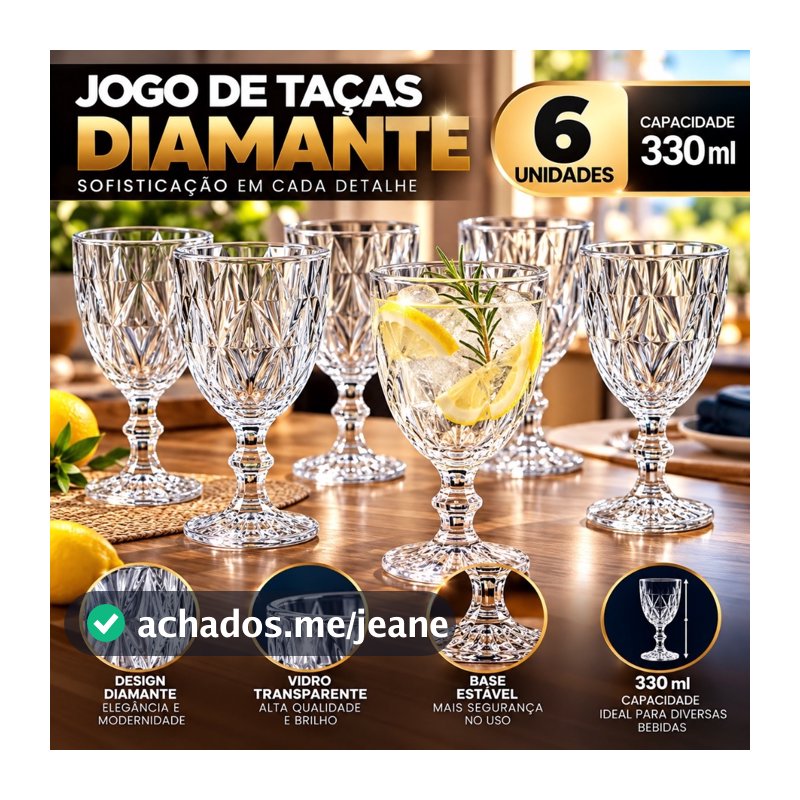 Jogo 6 Taças Diamante 330ml Transparente com Pé Kit Copos para Água Suco Drinks Mesa Posta
