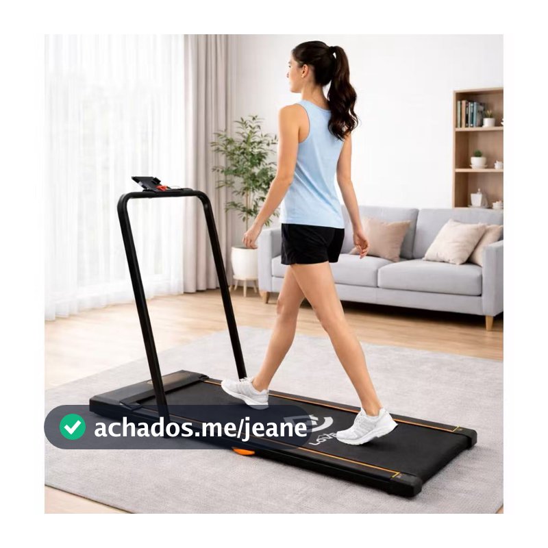 Esteira inteligente dobrável com amortecimento, ajuste remoto de velocidade (1-8 km/h) e capacidade de peso de 100 kg.
