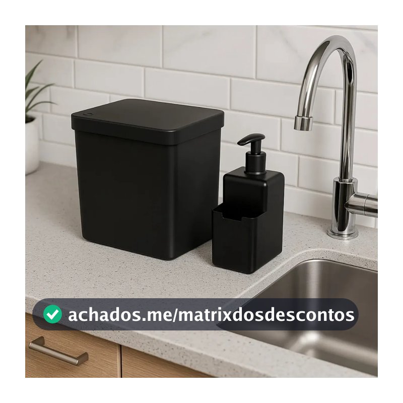 Kit Lixeira 2,5L + Dispenser de Detergente Single Sobre a Pia Esconde Sacola Bucha Cozinha Coza