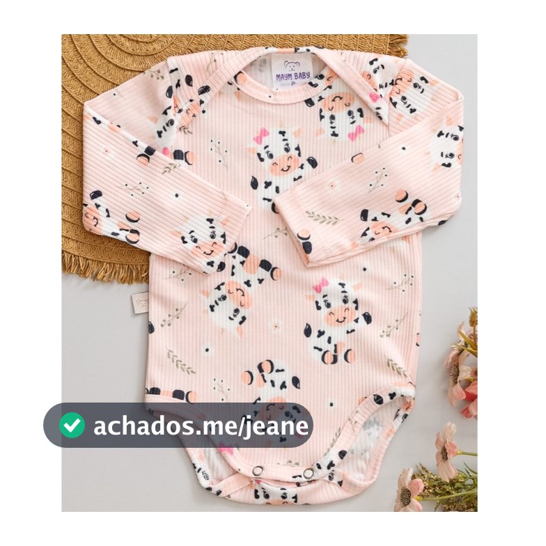 Body Bebê Canelado Infantil Menina Manga Longa Rosa com Estampa de Vaquinha