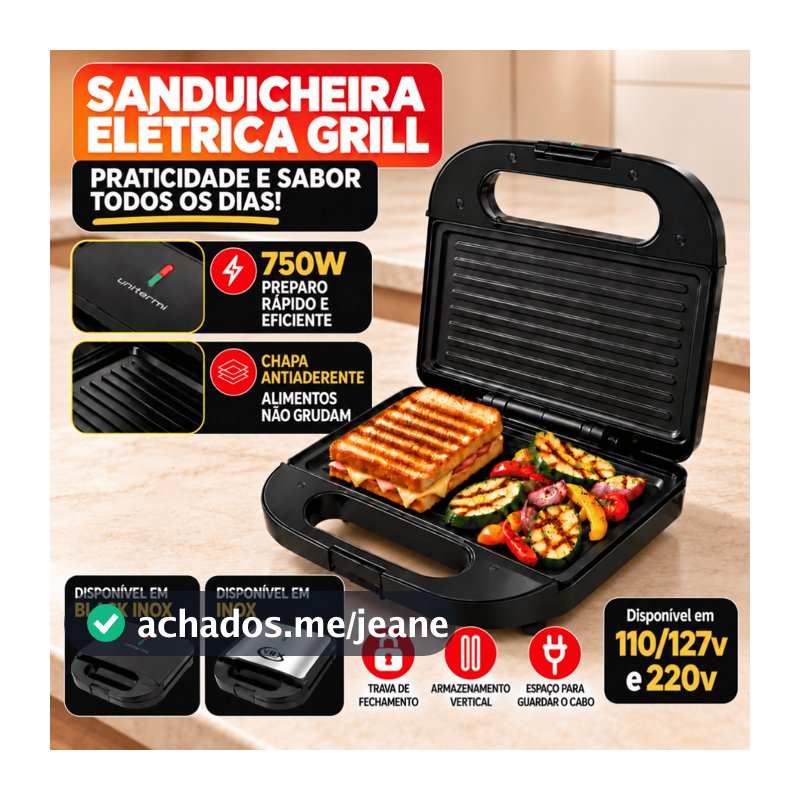 Sanduicheira Elétrica Luxe Grill Inox Antiaderente 750w 2 Em 1 Termostato Automático Compacta Chapa