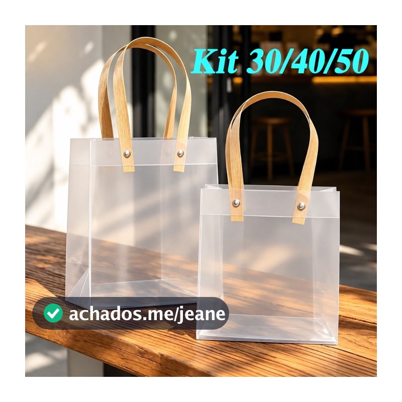 Kit 40/50 Sacolas De Presente Transparente Translúcidas Foscas com Alça de Fibra Natural para Lembrancinhas Lojas Festas