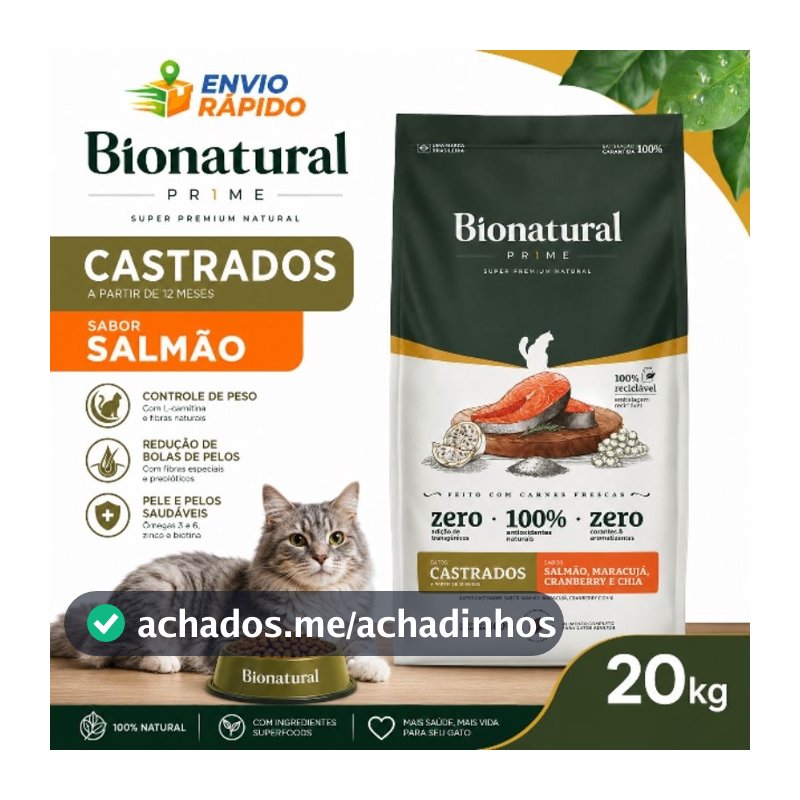 Ração Bionatural Para Gatos Castrados sabor Salmão 20 KG Ração Super Premium
