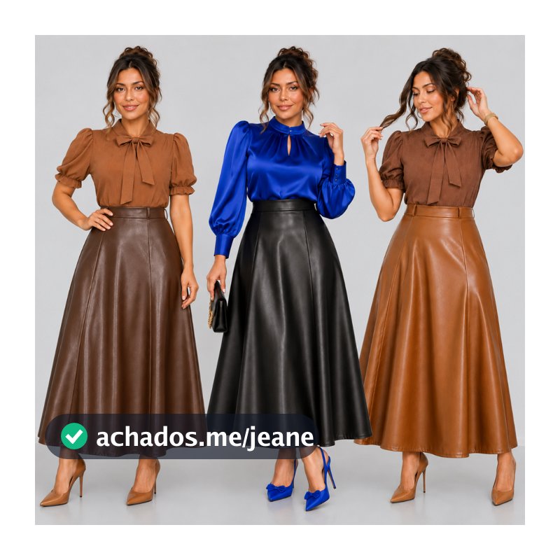 Saia Longa Couro Fake Premium Feminina Cintura Alta Moda Evangélica Elegante Evasê Tendencia