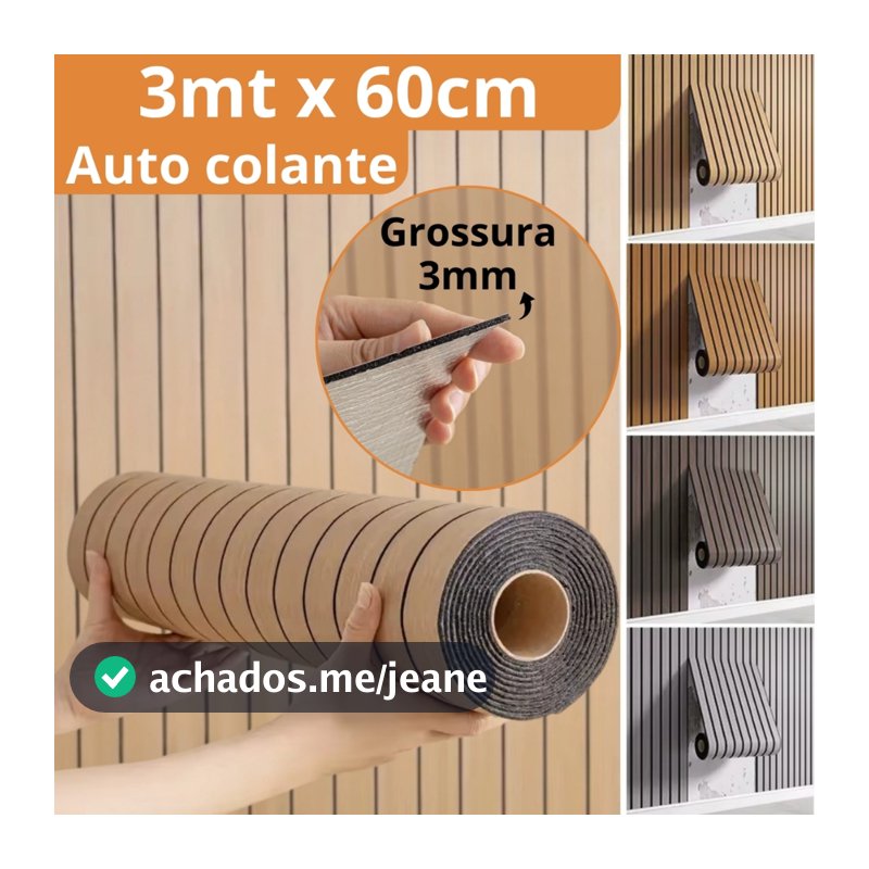 Painel Ripado autoadesivo 3D 3m x 60cm Grosso Revestimento Amadeirado Madeira Parede Autocolante Quarto Sala