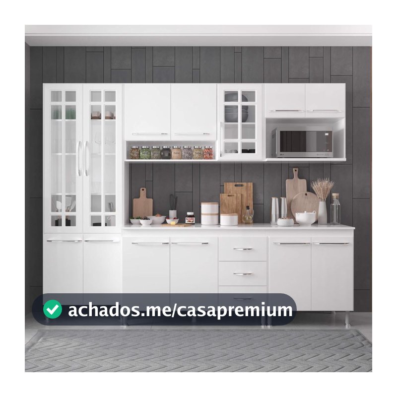 Cozinha Modulada Completa Fidelitá Viena 5 Peças 260cm 13 Portas 3 Gavetas Com Tampo Branco