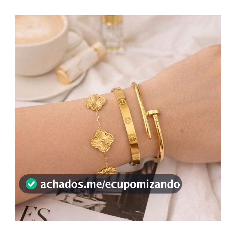 Kit 3 Braceletes Femininos /Pulseira Aço Inox / Conjunto Style Moeda Trevo Prego