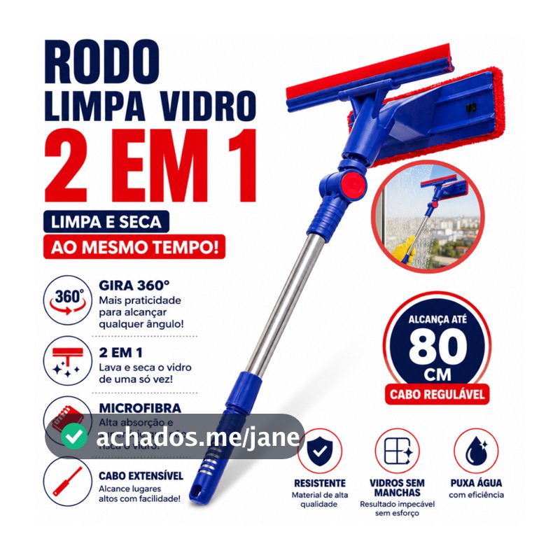 RODO LIMPA VIDRO 2 EM 1 ARTICULADO LIMPADOR DE JANELA MOP GIRATÓRIO RODINHO PARA LIMPEZA DE BOX ESPELHO ESFREGÃO SACADA