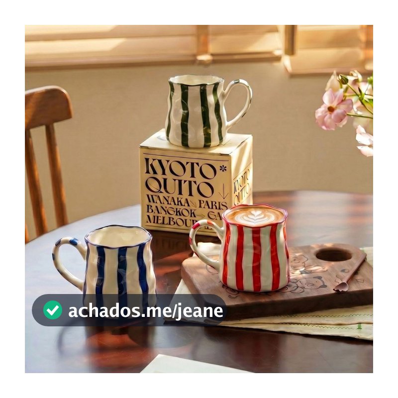 Caneca De Cerâmica Retrô Pintada À Mão Com Listras – Copo Moderno Para Casa E Escritório