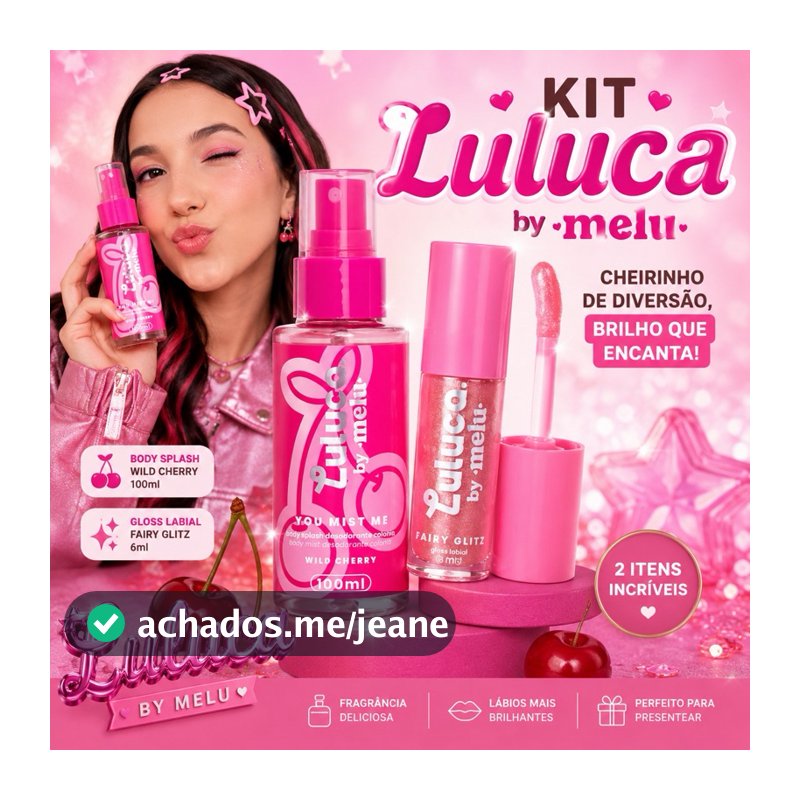 Kit Luluca by Melu Body Splash Wild Cherry 100ml + Gloss Labial Fairy Glitz Presente Feminino Teen Infantil