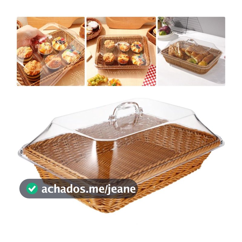 Cesta de pão de vime tecida à mão com tampa Cesta de armazenamento de drenagem de frutas 35  25  15 CM