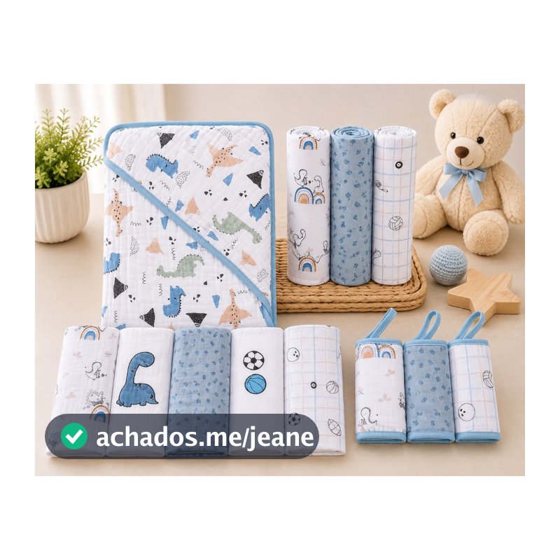 KIT ENXOVAL 12 PEÇAS- TOALHA DE BANHO SOFT 3 CAMADAS+FRALDA DE PANO+PANINHO DE BOCA+CUEIROS FLANELADOS PAPI