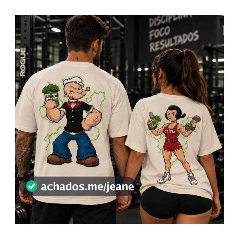 Kit Casal 2 Camisetas Maromba Popeye e Olívia Palito Fitness Gym Estampa Costas Algodão Casual Treino